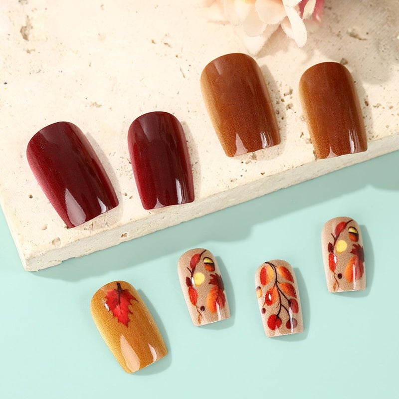 CJDLTS Thanksgiving Press on Nails Medium Ballet Shaped Fall Maple Leaf False Nail Full Cover Glossy Autumn Press Ons Stick on Nail Artificial Acrylic Fingernails Festival Glue on Nails for Women 24Pcs - Image 2